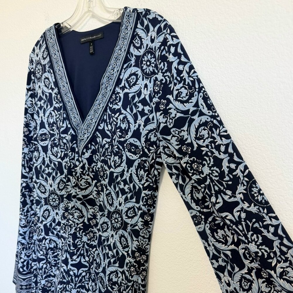 WHBM Long Sleeve Embroidered V-Neck Stretch Blue/White Geo Floral Dress Size M. - Picture 5 of 8